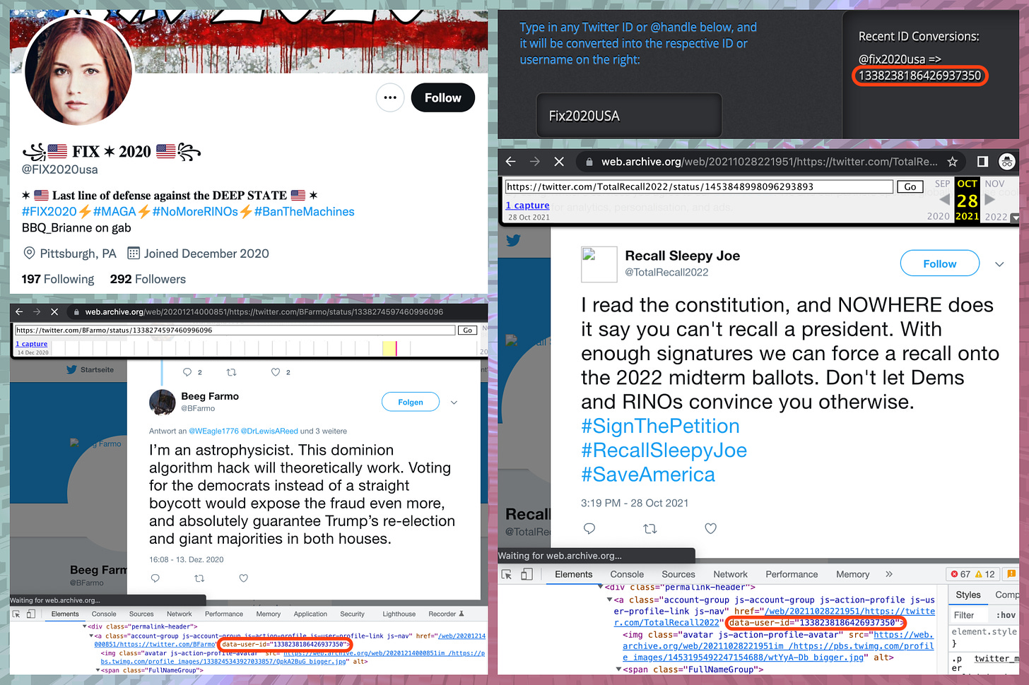 collage of Wayback Machine screenshots demonstrating that the account with the permanent ID 1338238186426937350 (presently named @FIX2020usa) was previously named @/BFarmo and @/TotalRecall2022