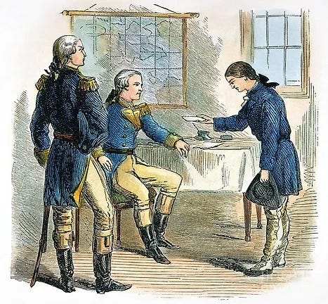 Drawing of Debrah Sampson receiving full military pension from the state of Massachusetts