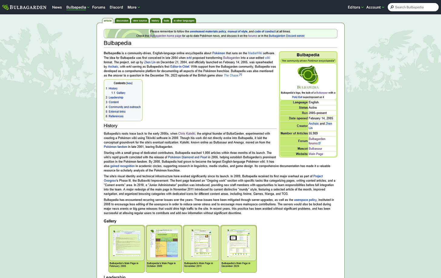 An example of a page on Bulbapedia, showing the layout of information (February 2025)