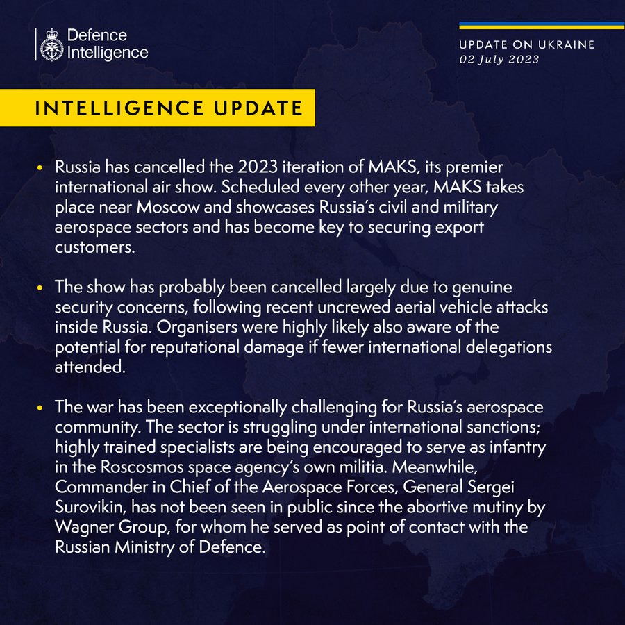 Latest Defence Intelligence update on the situation in Ukraine - 2 July 2023.