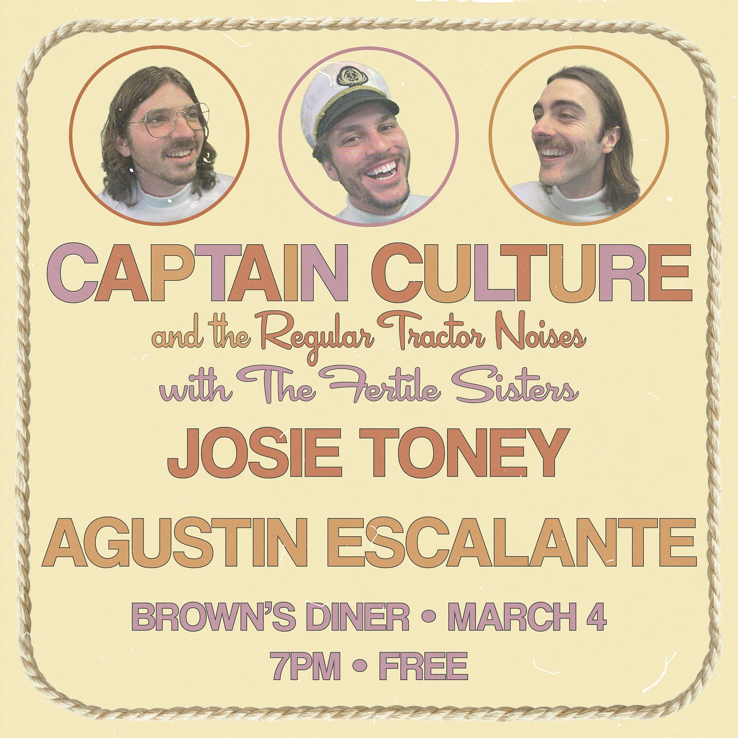 3 familiar looking guys from Captain Culture and the Regular Tractor Noises. Also featuring The Fertile Sisters, Josie Toney, and Agustin Escalante at Brown's Diner 3/4/23.