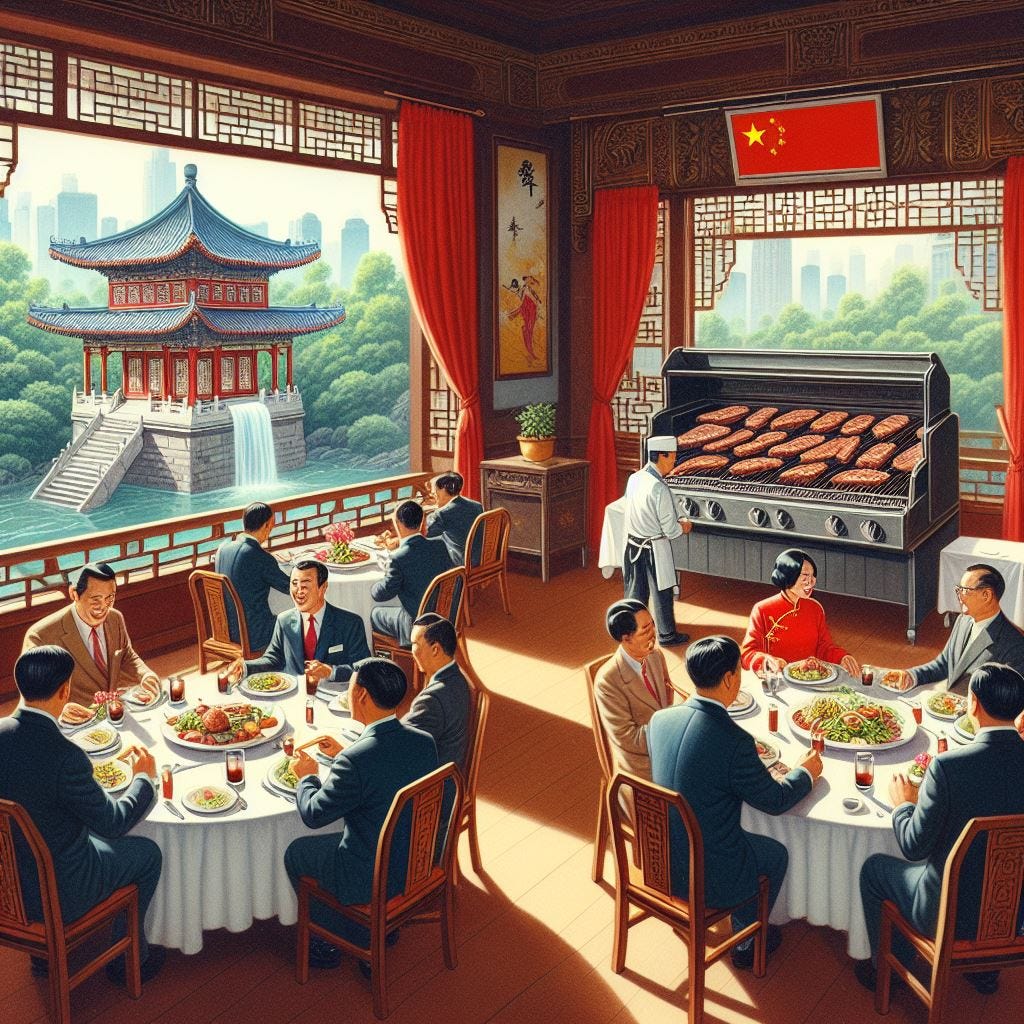 Ein chinesisches Restaurant mit einem Blick auf einen chinesischen Garten durch die Fenster. Der Speiseraum ist mit typisch chinesischen Möbeln ausgestattet, und im Hintergrund ist eine Bühne, auf der eine Sichuan-Oper aufgeführt wird. Ein untypischer amerikanischer Grill steht im Raum, auf dem Steaks gegrillt werden. Zwei Delegationen, eine aus China und eine aus Amerika, sitzen im Restaurant. Die Chinesen essen chinesisches Essen mit Stäbchen, während die Amerikaner Steaks nur mit Messer und Gabel essen. Das Bild soll eine dunkelblaue Hauptfarbe haben.