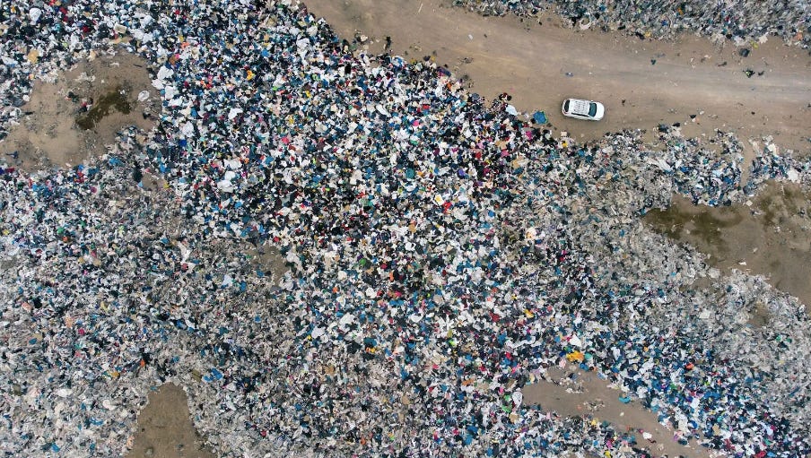 An aerial view of used clothes discarded in the Atacama Desert, in Alto Hospicio, Iquique, Chile, on September 26, 2021.