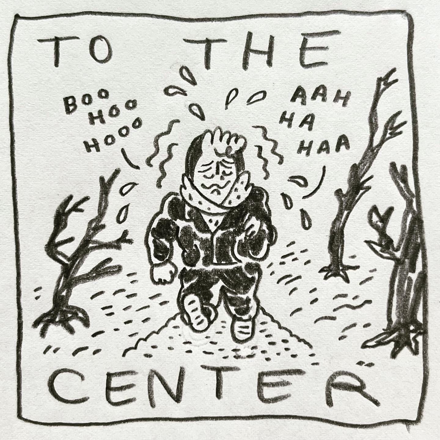 Panel 3: to the center Image: Lark is bundled up in a puffy black jacket, hoodie and scarf. They're walking briskly down a path outside, between bare trees blowing in the wind. Their face is in a half smile, half frown. Their head is emanating waves, with sweat and tears dripping off of them. They're crying and laughing, "boo hoo hoo, ahh ha ha"