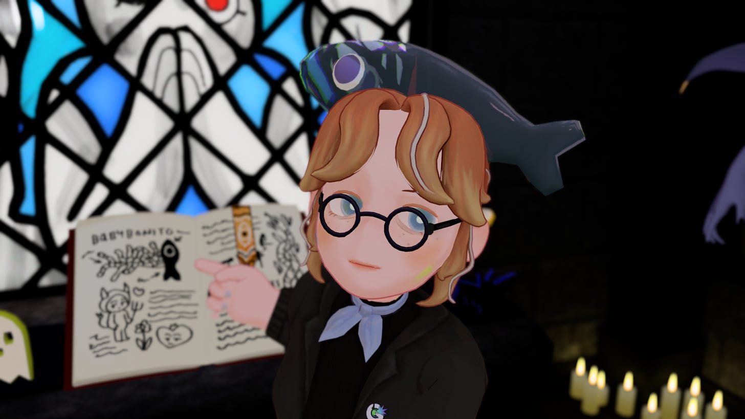 Bonito faces the camera while pointing at a spell book behind her.