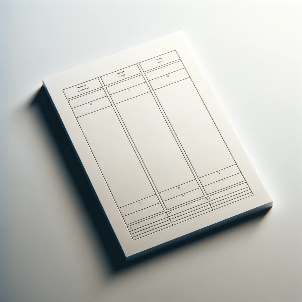 An image of a blank sheet of paper, featuring an empty table with three columns. The columns are delineated by vertical lines and are completely blank without any headings or text. The paper is positioned against a plain background, highlighting the empty table. The image focuses on the simplicity of the table, emphasizing its potential for customization and use in various contexts. The overall appearance should convey a sense of a fresh start, with a clear, unmarked table on a pristine sheet of paper.