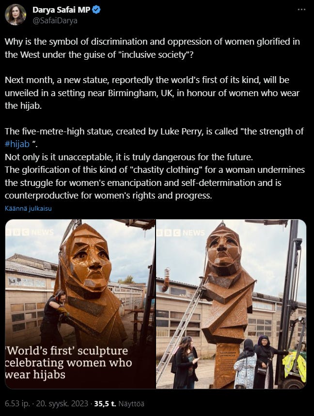 Belgialainen kansanedustaja, feministinainen ja entinen muslimi kommentoi islamistien pystyttämää patsasta.