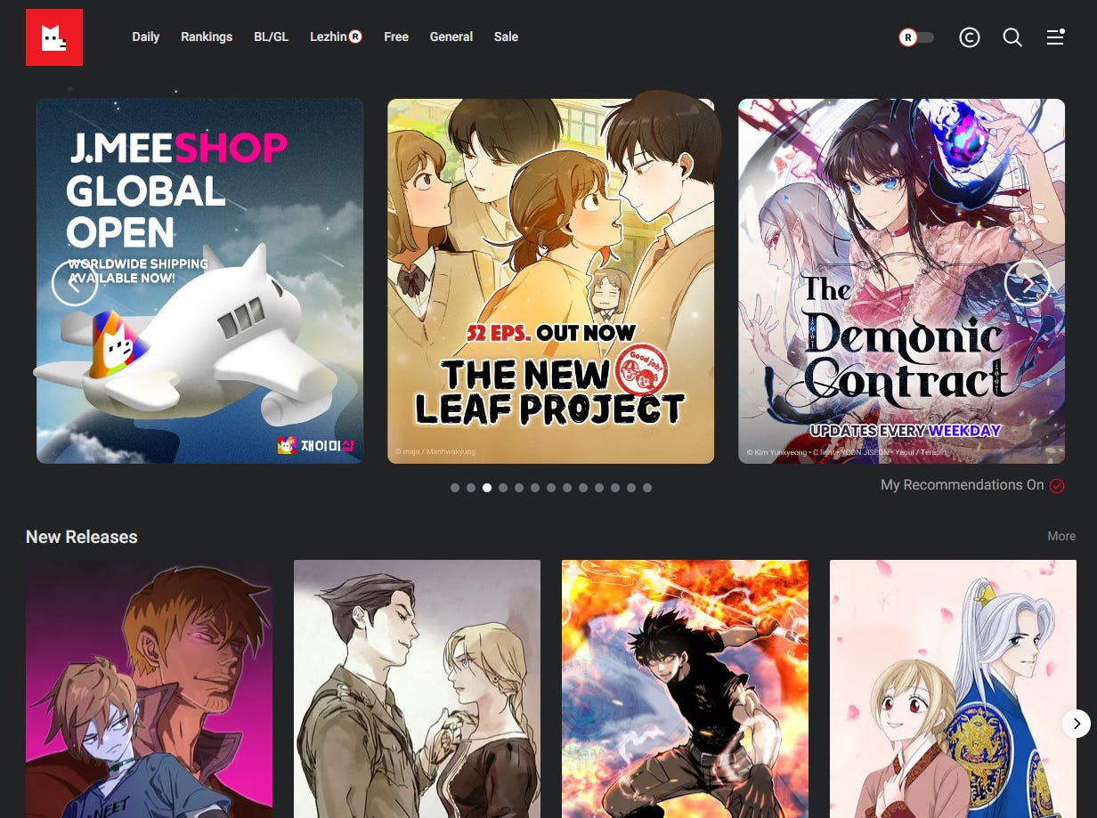 Lezhin Comics homepage