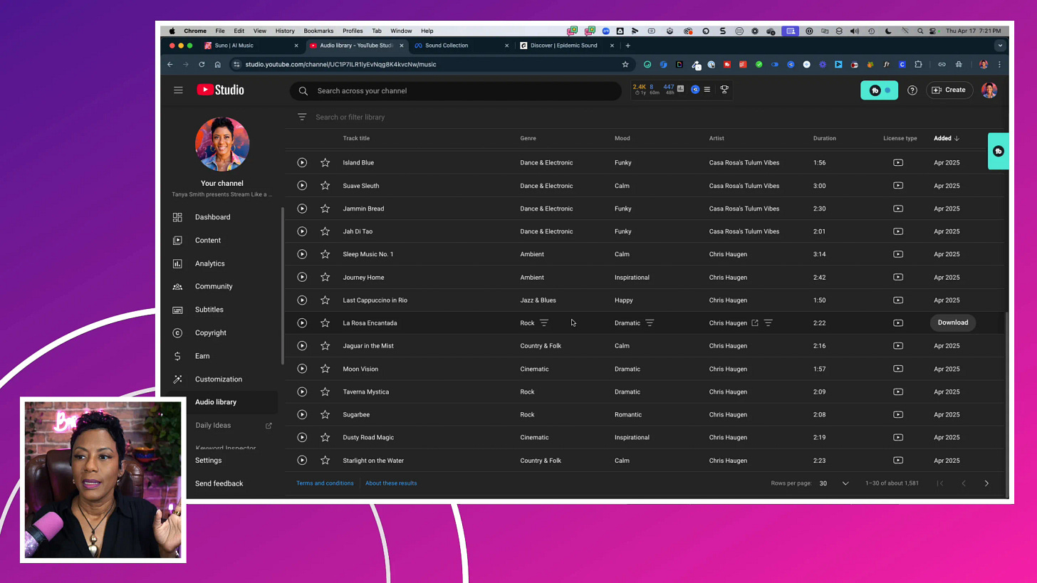 YouTube Music Library interface showing available tracks