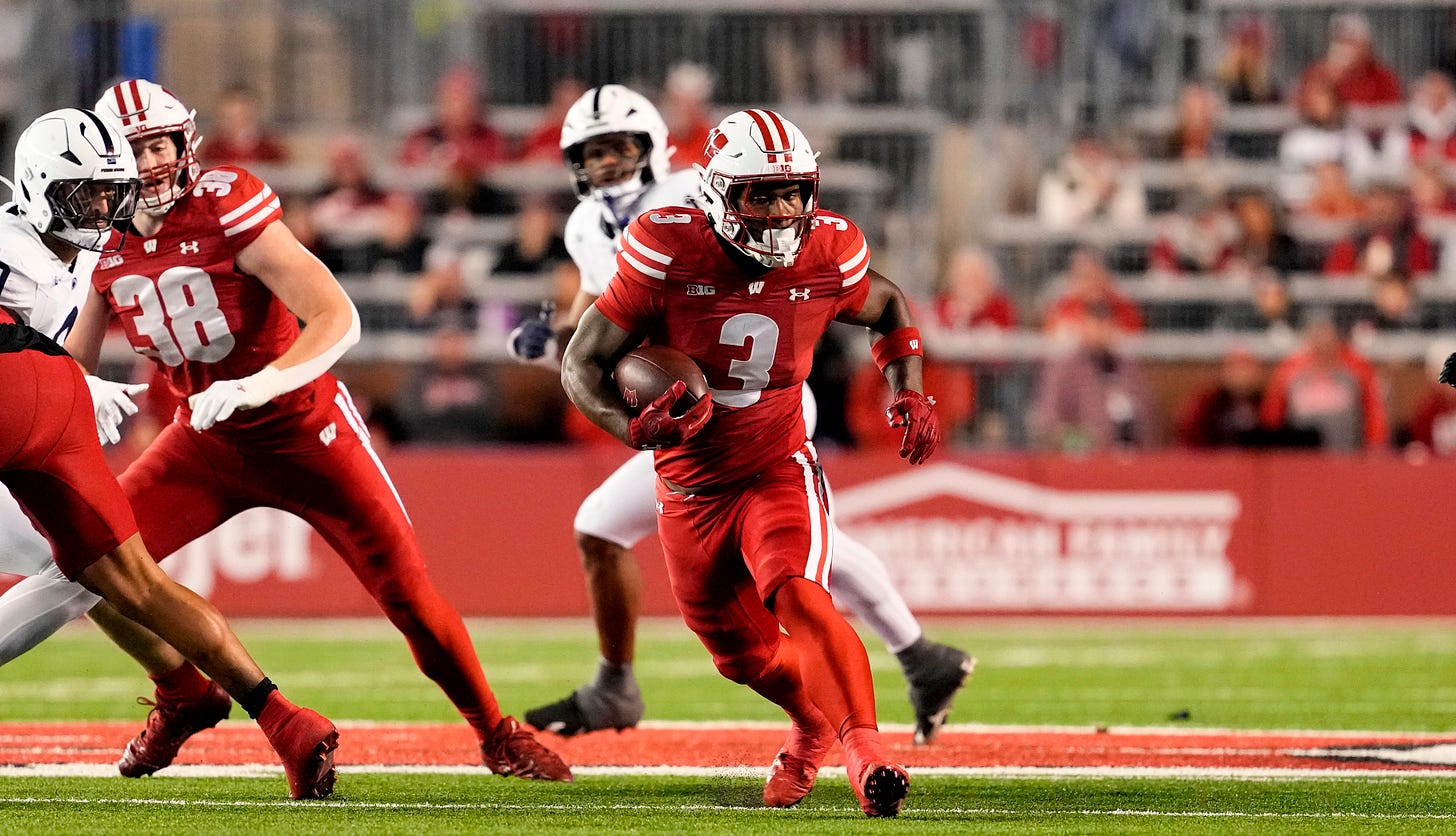 Badgers running back Tawee Walker rungs the ball against Penn State