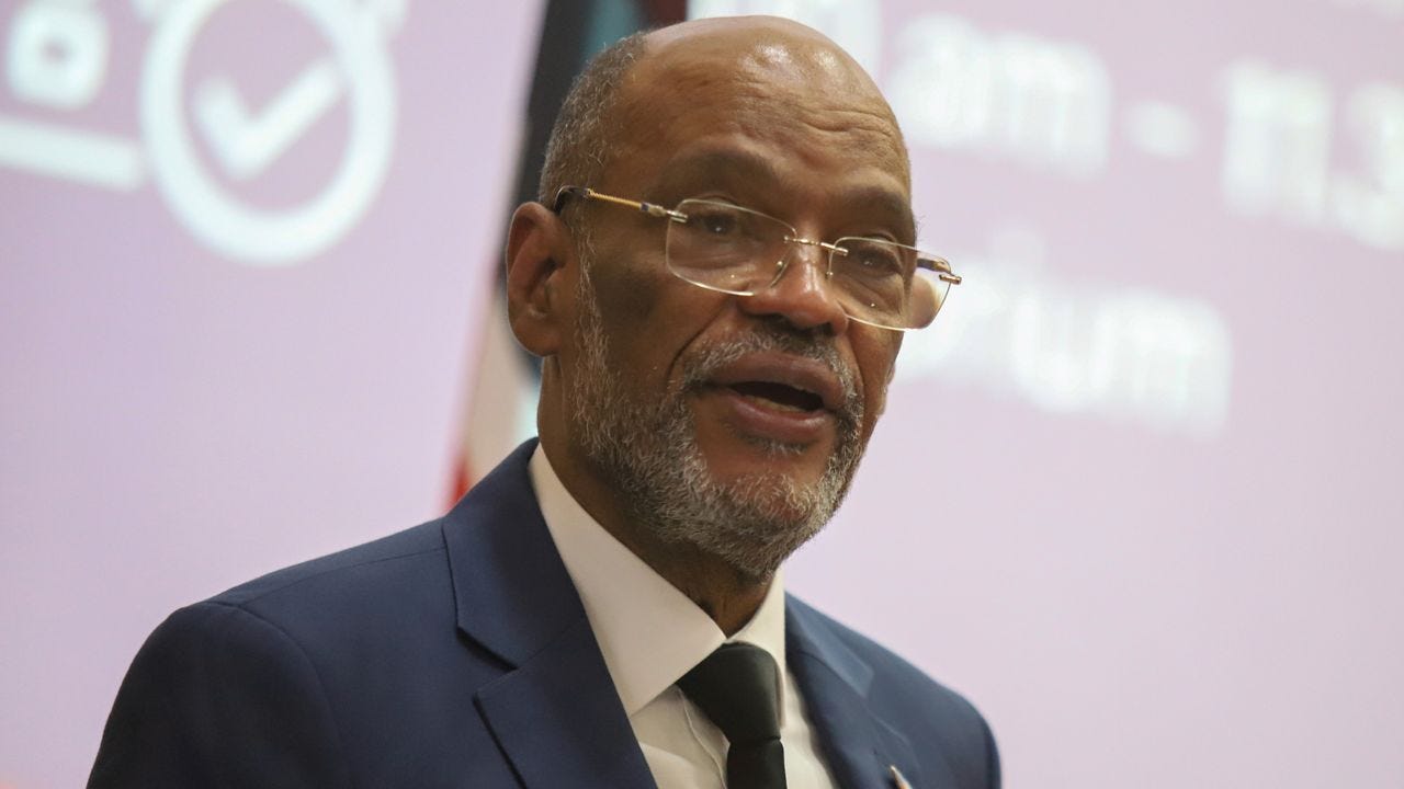 Haiti's Prime Minister Ariel Henry gives a public lecture at the United States International University (USIU) in Nairobi, Kenya, Friday March. 1, 2024. (AP Photo/Andrew Kasuku)
