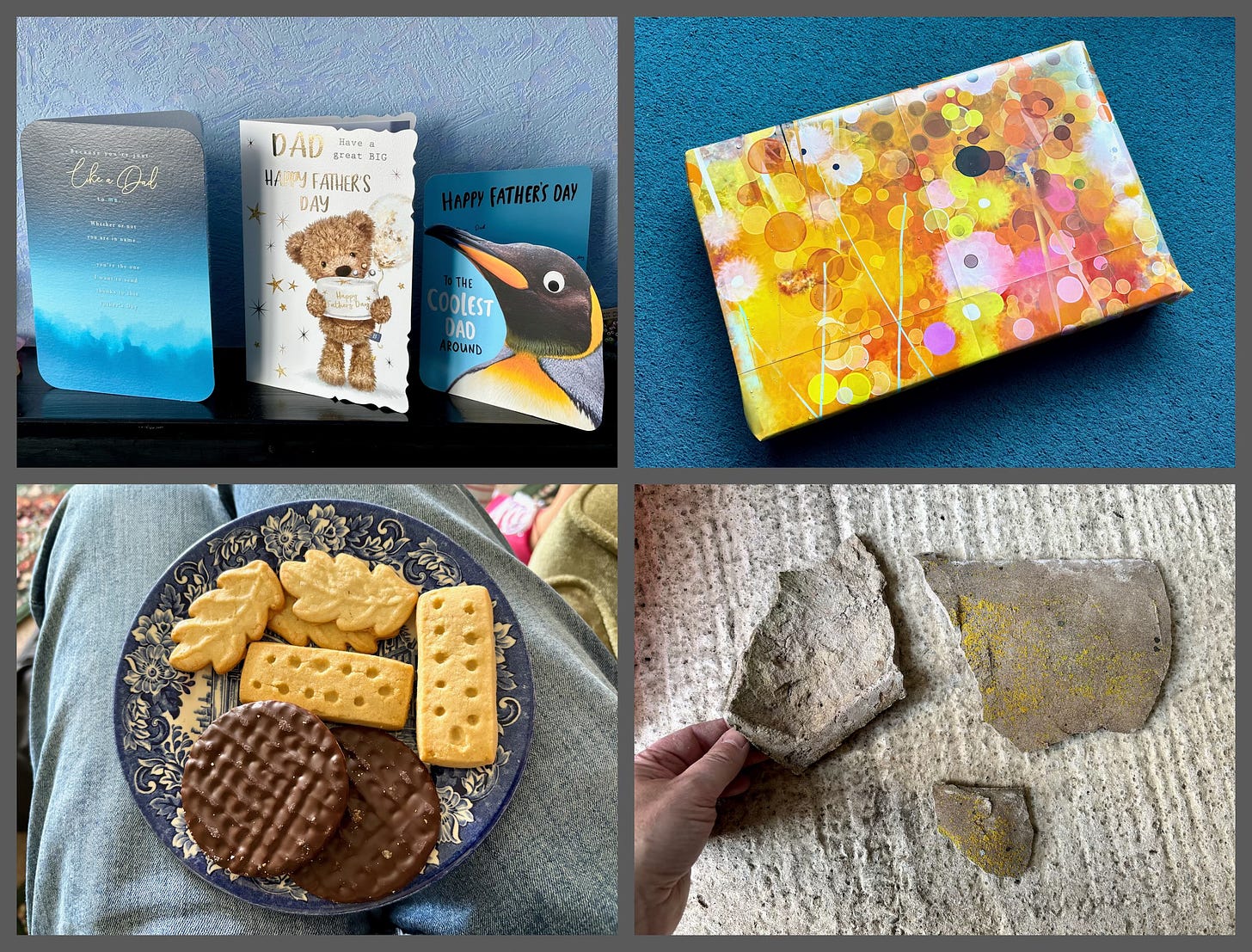 A collage of four photos: three Father's Day cards, a gift, a plate of biscuits, and pieces of mortar on a concrete garage floor. 