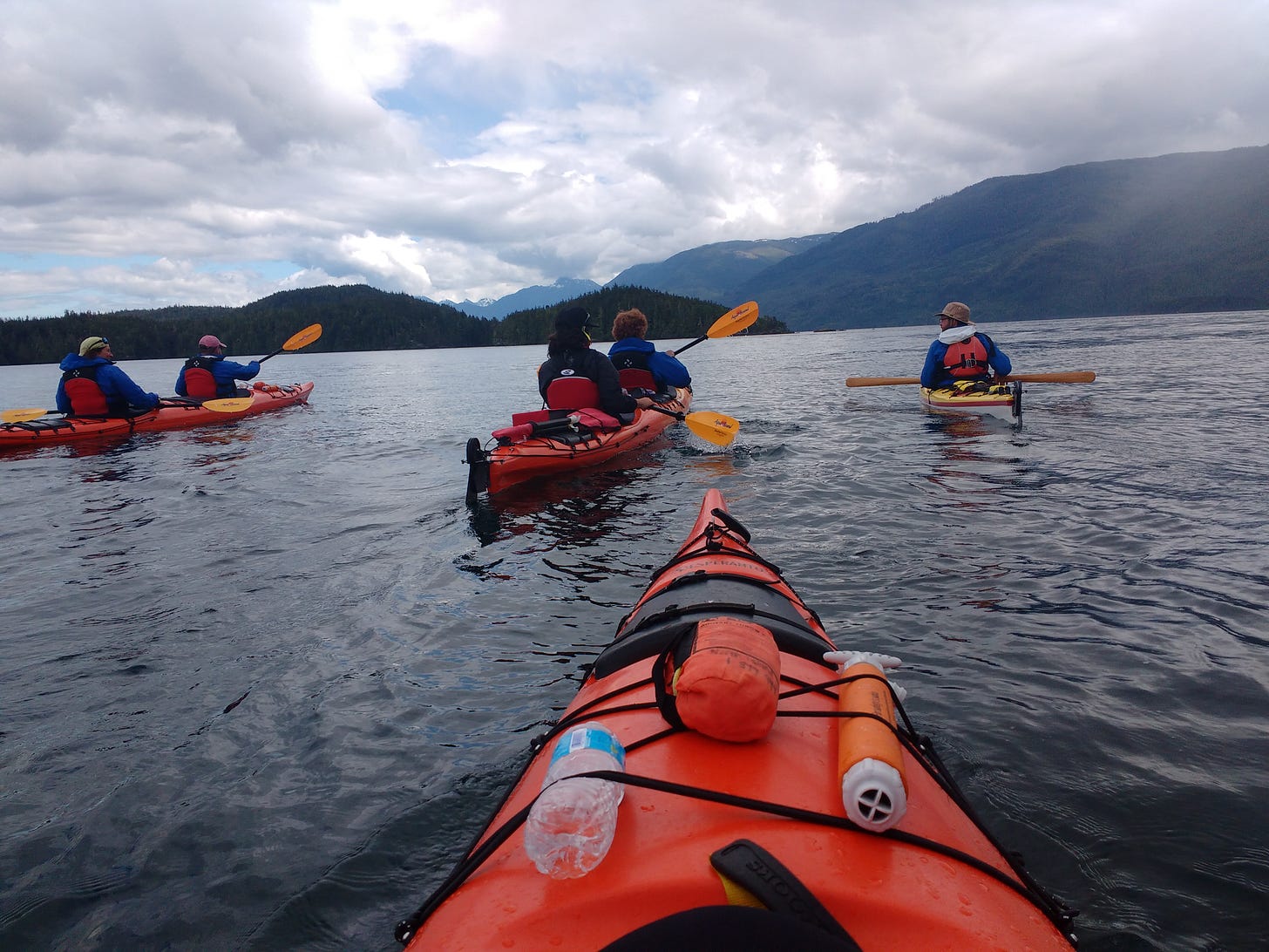 Kayakers in double kayaks paddeling in the Salish sea with Vancouver Island in the background