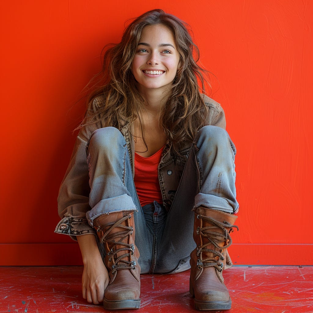 woman full body shot, rolling on the floor laughing loudly, Indoor studio shot, contrasting, single vivid color background