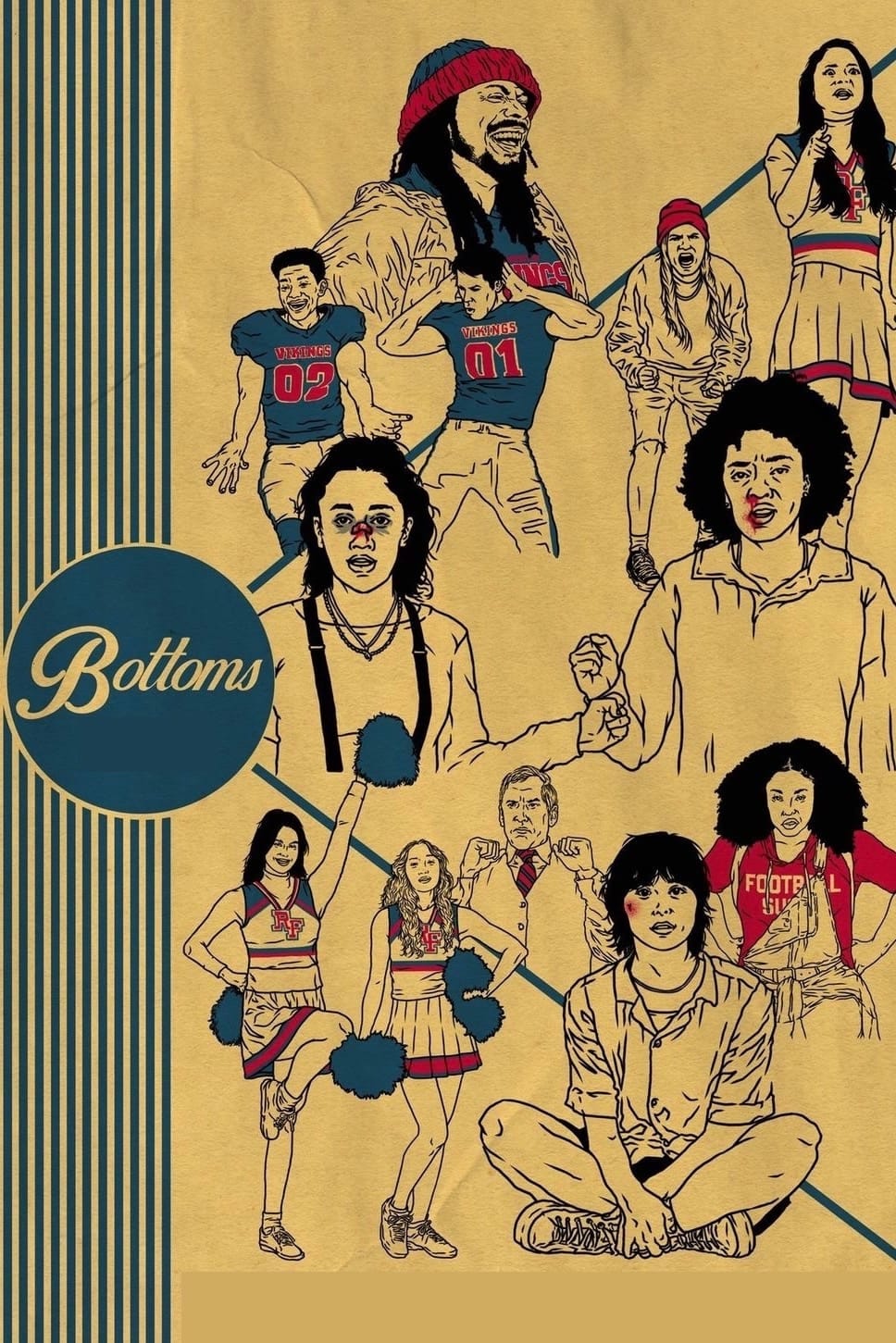 A movie poster for the film Bottoms. The poster is hand illustrated and shows a collage of different characters from the film in various poses.