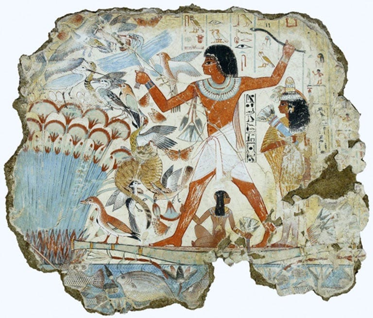 Nebamun, a middle-ranking official ‘scribe and grain accountant’ during the New Kingdom is shown hunting in the marshes, in a scene from his tomb-chapel. His name was translated as ‘My Lord is Amun’, and his association with the temple, coupled with the importance of grain supplies to Egypt, meant that he was a person of considerable practical importance. British Museum.