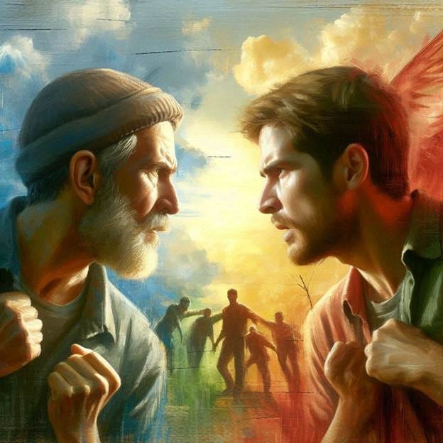 an oil painting style of image of two male  indivuals in present day, in conflict and at the edge of fighting.