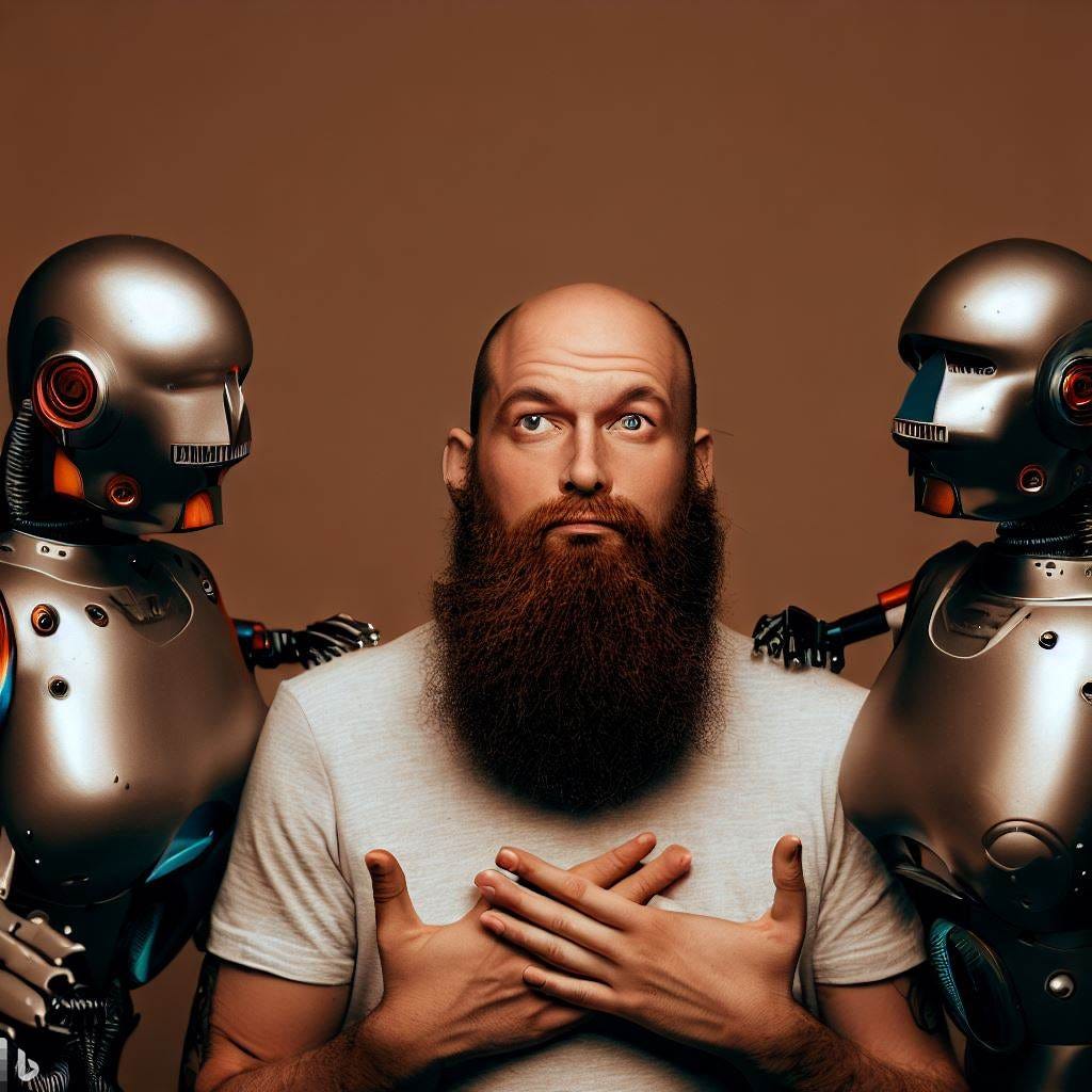 un homme chauve et barbu entouré par 3 robots