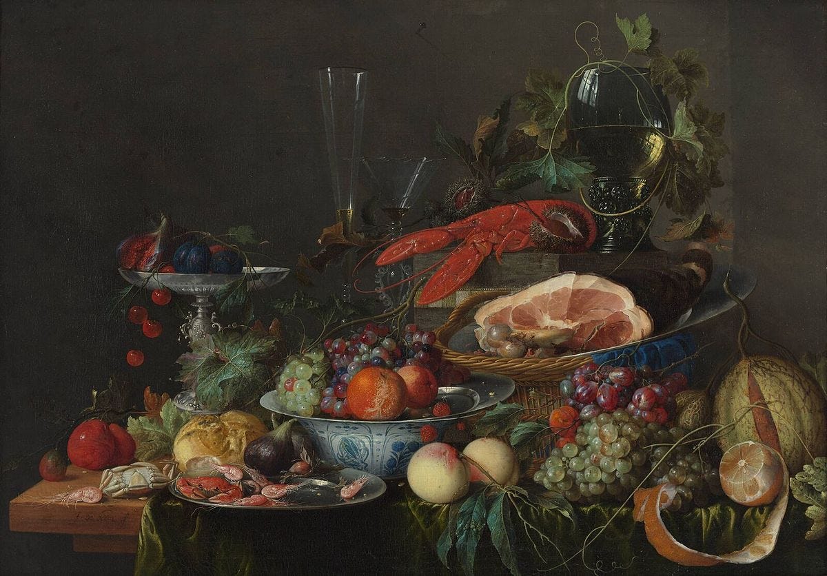 Still Life with Ham, Lobster, and Fruit by Jan Davidsz. de Heem, a banquet-style painting.