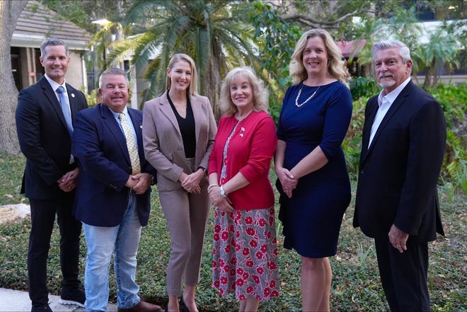 The Sarasota County School Board (from left): Superintendent Terry Connor, Chair Tim Enos, Bridget Ziegler, Vice Chair Robyn Marinelli, Liz Barker and Tom Edwards.