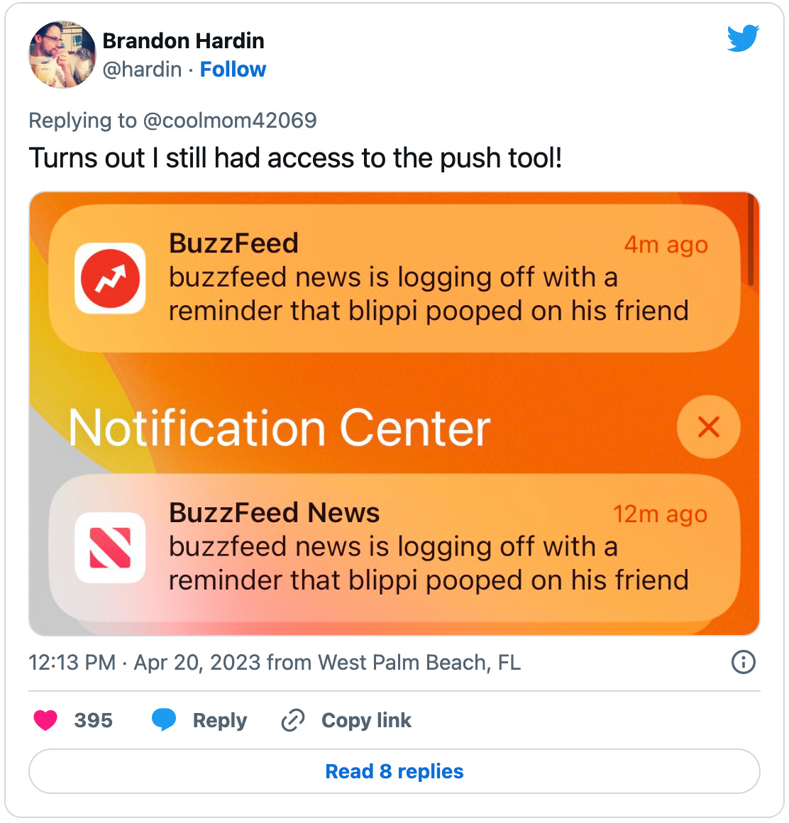 Tweet by Brandon Hardin: “Turns out I still had access to the push tool!” with a screenshot of BuzzFeed and BuzzFeed News push alerts that say “buzzfeed news is logging off with a reminder that blippi pooped on his friend”