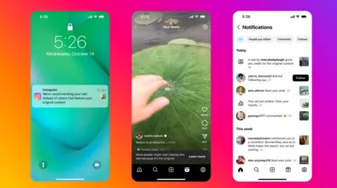 Instagram Mock-up illustrations of users receiving notifications about Instagram's new approach to original content