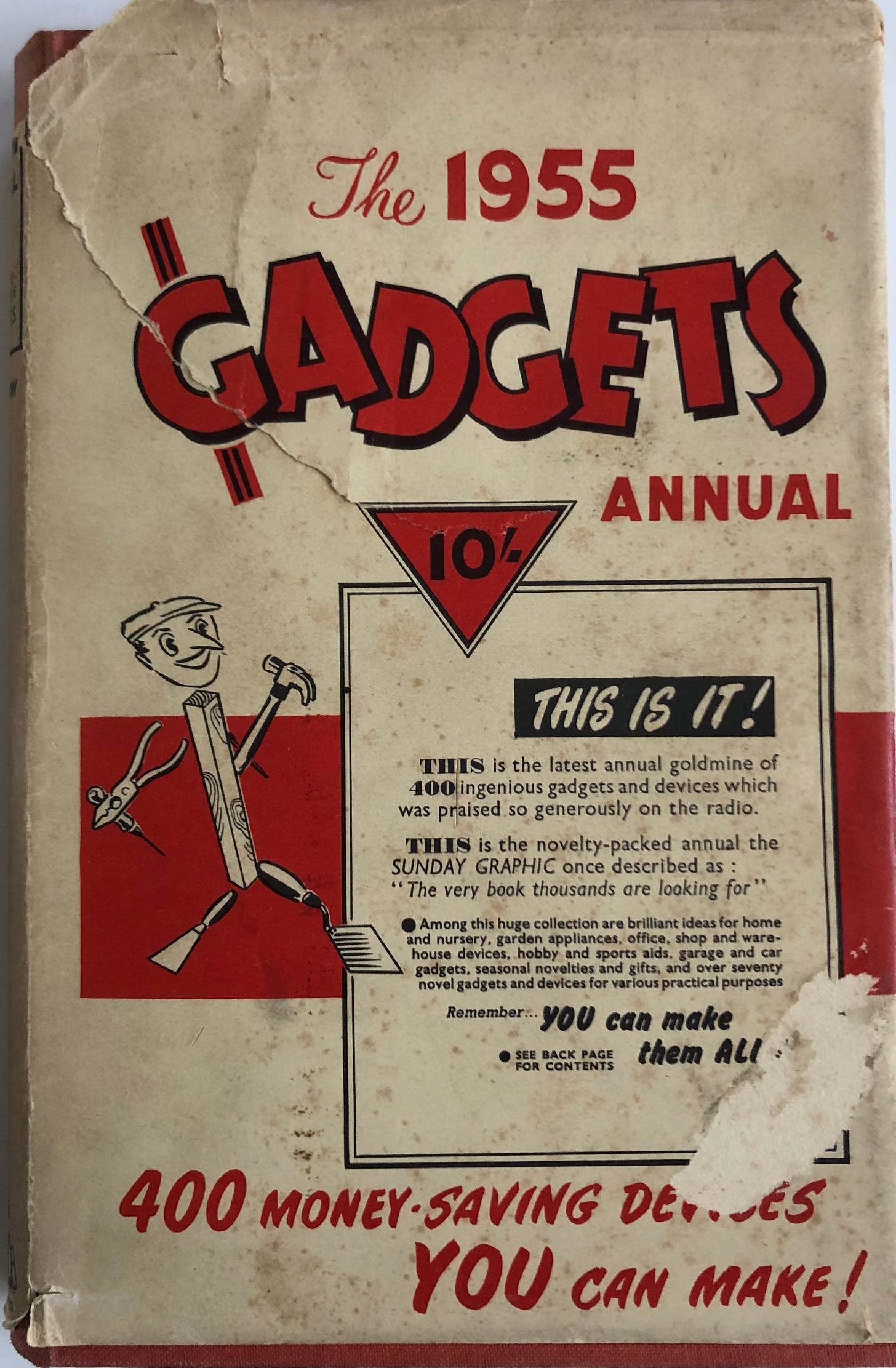 Very tatty looking cream coloured book, saying: The 1955 Gadgets Annual