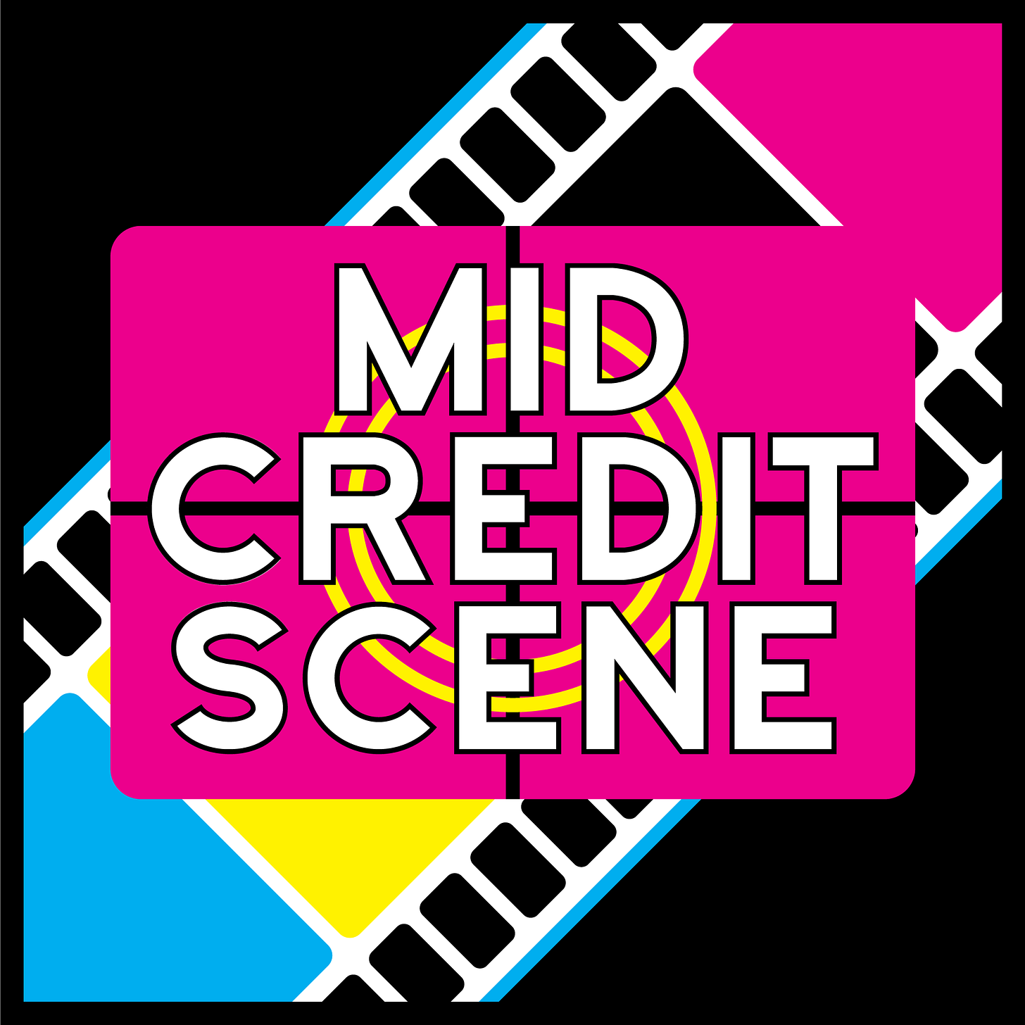 Mid-Credit Scene podcast on a hot pink background, in front of a yellow and blue film strip