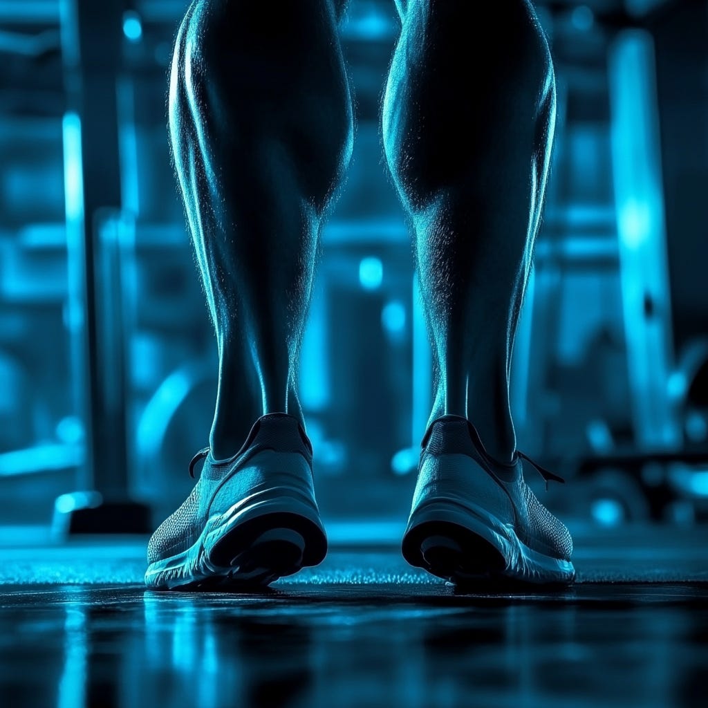 Muscular man's calves in a dark gym with light blue fluorescent lighting