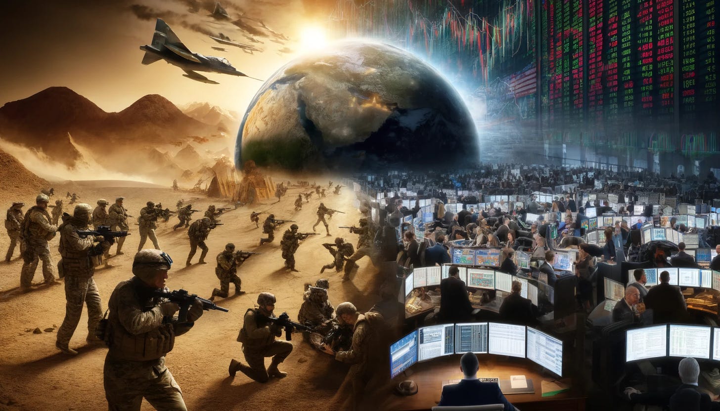 A dramatic scene depicting a global war on multiple fronts, with military operations across diverse landscapes like deserts, forests, and cities. Simultaneously, in a contrasting setting, a bustling stock market trading floor shows traders reacting to a sudden halt in a record rally. The scene captures the juxtaposition of chaos and calm, war and economy, in a realistic style.