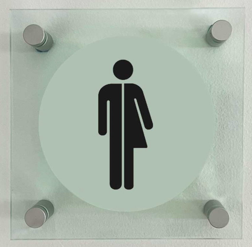 Toilet sign that is one character with left side as male and right side as female