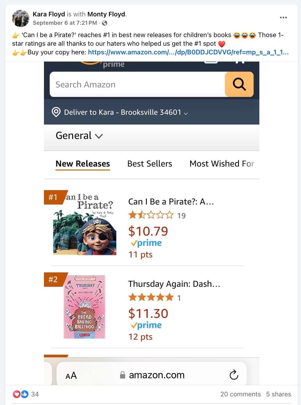 facebook post form kara floyd sharing the amazon sales page for can i be a pirate?