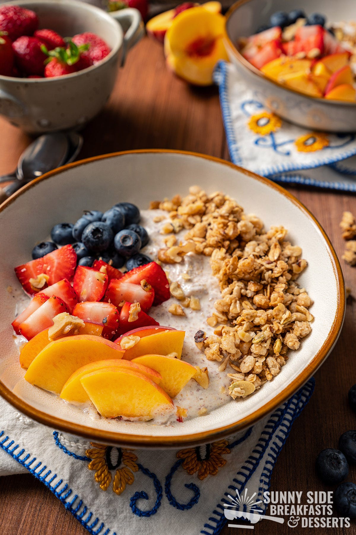 Greek yogurt bowl with fresh fruit and granola.