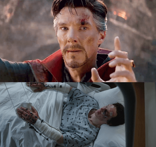 In Avengers Endgame (2019), In the end, Doctor Strange's finger trembles a  bit while looking at Tony Which indicates that his hands are not still  recovered from the accident in the movie