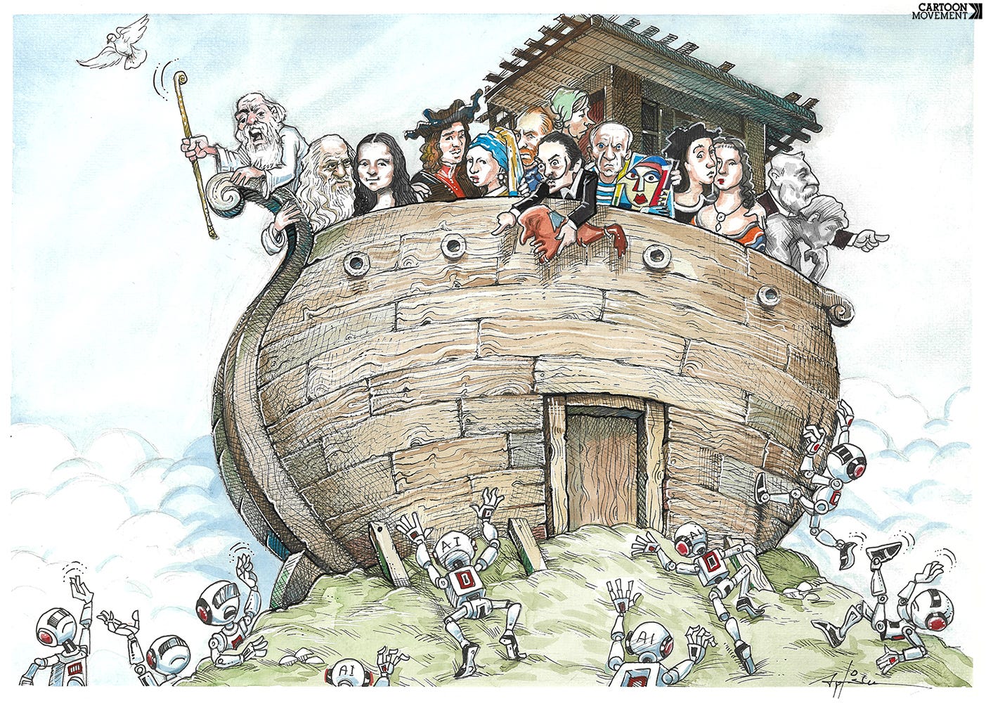 Cartoon showing Noah's ark filled with famous artists like Dali, Da Vinci and Vermeer, and their artworks, while outside the ark robots labeled 'AI' are slow advancing on the ark.