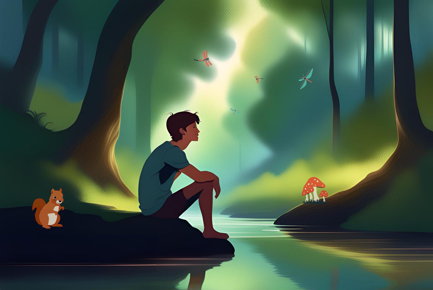 Illustration of a young man thinking while sitting near a stream in a forest