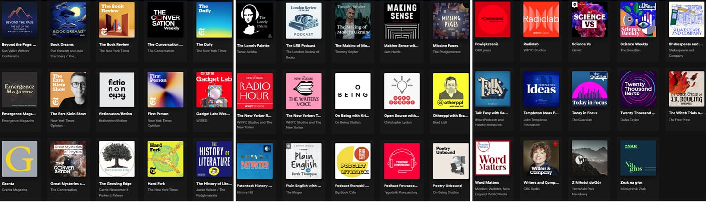 A screenshot of podcasts I listen to on Spotify