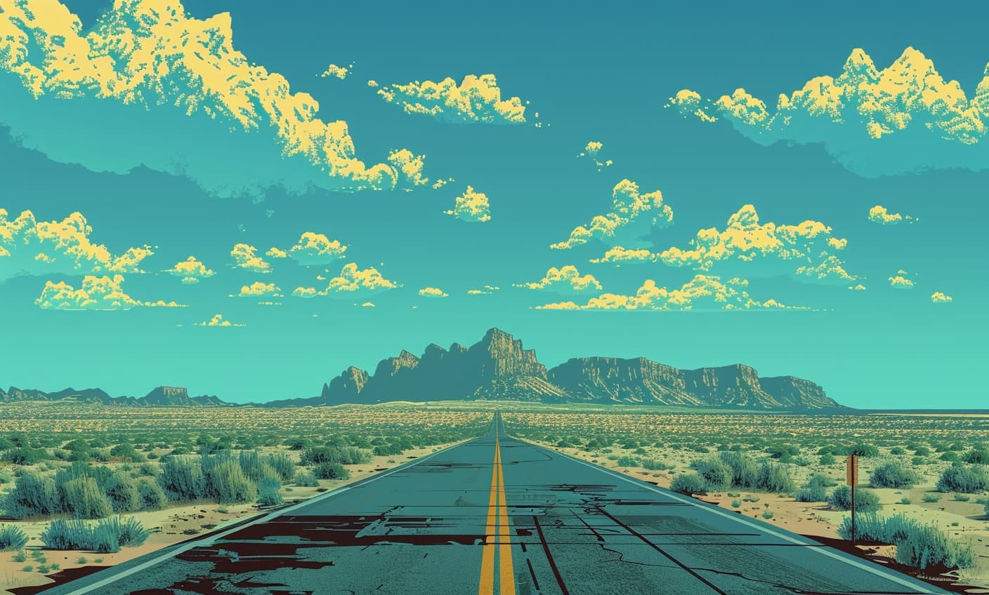 graphic novel illustration wide road leading into the distance, symbolizing endless possibilities and new adventures. Distant mountains can be seen in the background