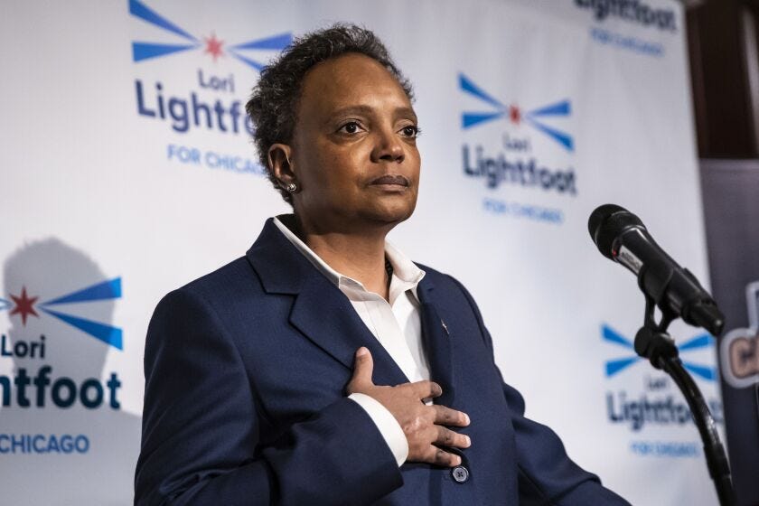 Mayor Lori Lightfoot concedes the election at the Mid-America Carpenters Regional Council in River North Tuesday night.