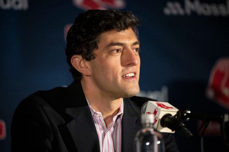 BOSTON, MA - JAN 11: Boston Red Sox President of Baseball Operations Chaim Bloom speaks during a press conference announcing the contract extension of Rafael Devers #11 of the Boston Red Sox on January 11, 2023 at Fenway Park in Boston, Massachusetts. (Photo by Maddie Malhotra/Boston Red Sox/Getty Images)