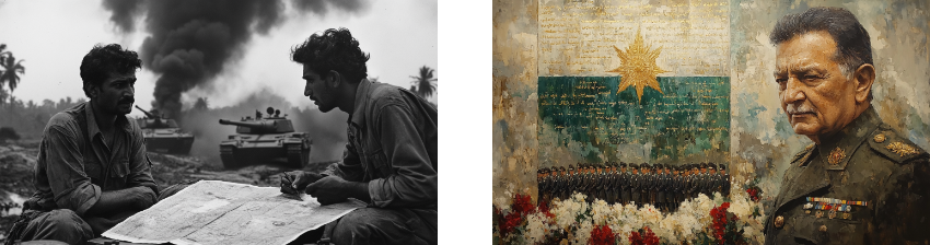 A diptych image contrasting war and leadership: on the left, a black-and-white photo of two soldiers intensely studying a map amidst a battlefield with tanks, smoke, and palm trees in the background, conveying a tense and strategic moment; on the right, a painted portrait of a stern military officer in uniform, adorned with medals, standing before a backdrop of a national flag, a group of soldiers, and floral arrangements, symbolizing command and honor.