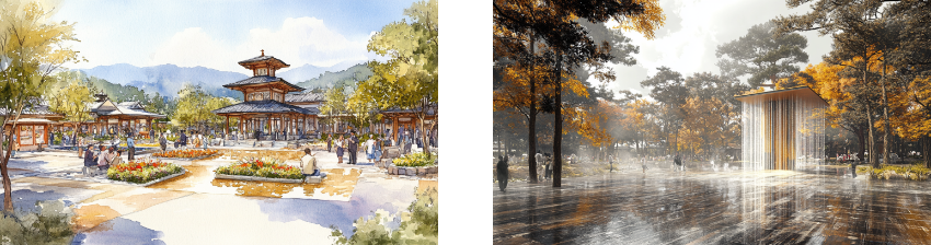 Two serene, nature-inspired scenes: the left is a watercolor illustration of a traditional pavilion surrounded by gardens, mountains, and people strolling, evoking a peaceful, communal atmosphere. The right shows a modern park with tall trees in autumn colors and a minimalist waterfall installation, blending natural beauty with contemporary design in a reflective and tranquil setting.