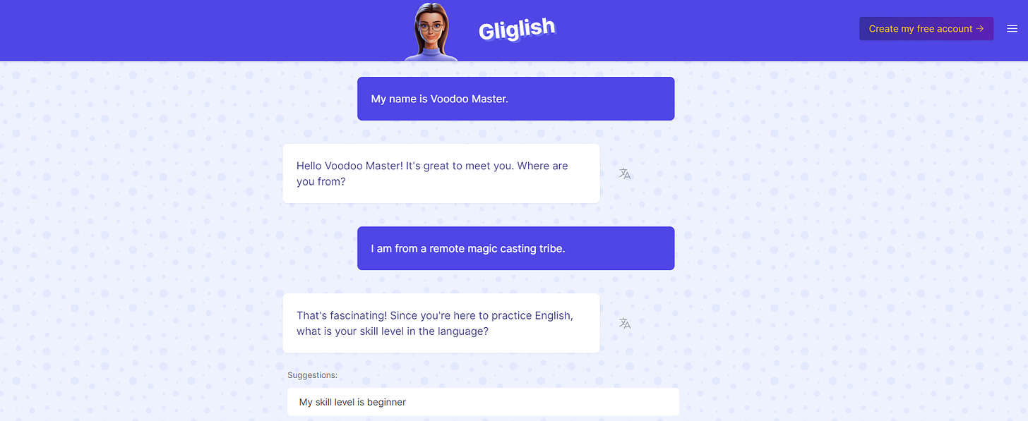 Gliglish interface for talking to a tutor