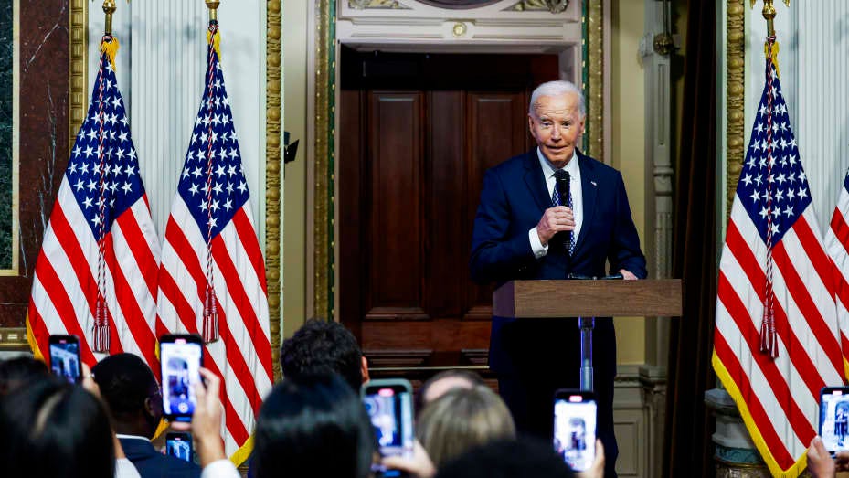 WASHINGTON, DC - AUGUST 14: U.S. President Joe Biden speaks to participants of the White House Creator Economy Conference in the Indian Treaty Room in the Eisenhower Executive Office Building on August 14, 2024 in Washington, DC. Biden dropped by the conference to speak about the rise in digital creators and the ways they get their message out. (Photo by Anna Moneymaker/Getty Images)