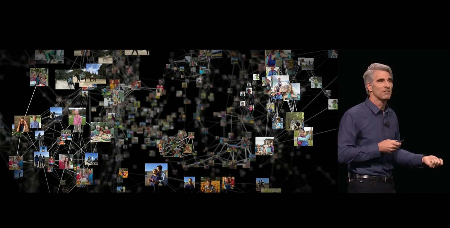 A presentation of the Apple Memories feature. On the left sets of photos are connected by lines in a web. On the right a man presents about the feature.