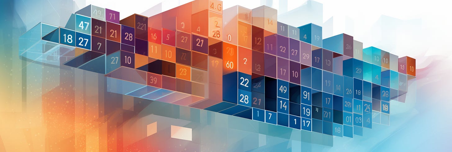 This is a wide, digital image featuring a three-dimensional calendar layout with translucent, glass-like cubes, each bearing a different number in a wide array of colors like orange, blue, purple, and teal. The numbers vary in size and font, creating a dynamic, mosaic effect across the image. The perspective is slightly angled, with the cubes forming a stair-step pattern that recedes into the background. The cubes are floating against a soft, abstract gradient background that shifts from pale blue to gentle orange, suggesting different times of day or perhaps different seasons. The overall impression is of a modern, high-tech calendar interface that is both functional and aesthetically pleasing.