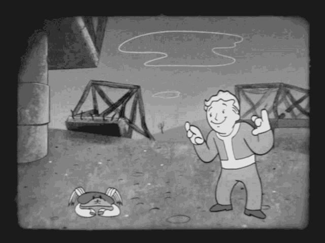 um cartoon apresentando o personagem Vault Boy, que é loiro, pequeno e de traços redondos, lambendo os beiços e mexendo os dedos com a expectativa de pegar um carangueijo no chão. Mas o carangueijo transforma-se num mosntro gigante, assustando-o.