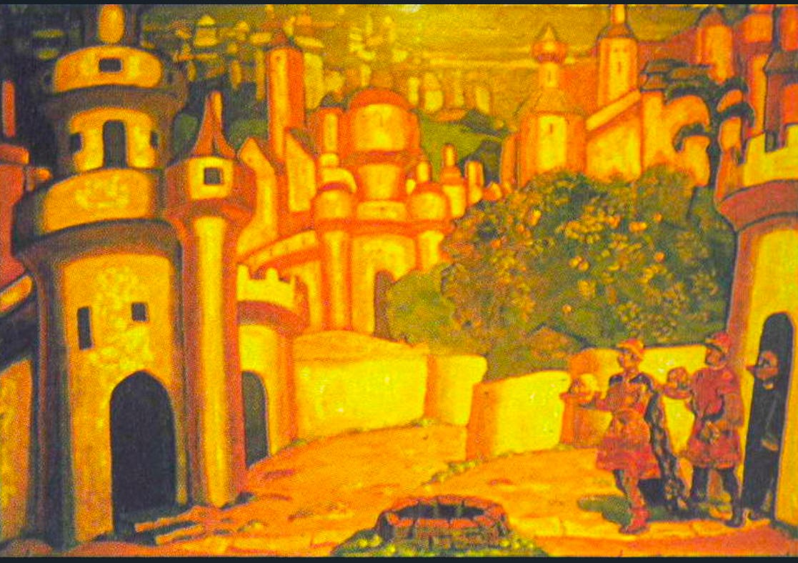 An art nouveau painting of a bright city on a hill in golds and oranges with three small figures in the bottom right corner bearing gifts, Gifts, Nicholas Roerich, 1909