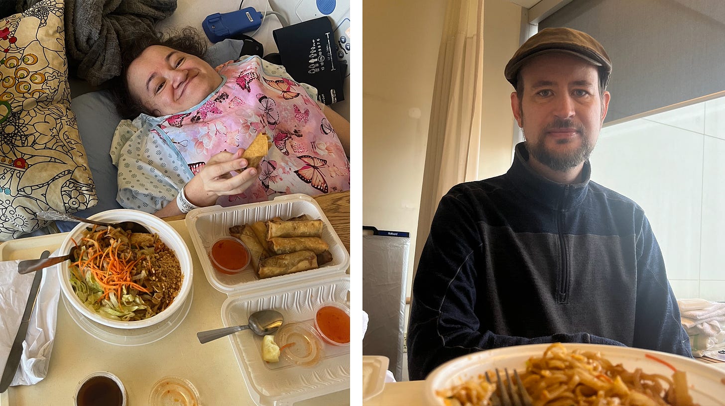 Left photo: Athena lying on her hospital bed in a pink bib. She has a table full of takeout Thai food before her. Right photo: Stefan in his flat cap and zip up fleece seated before a bowl of take-out Pad Thai.