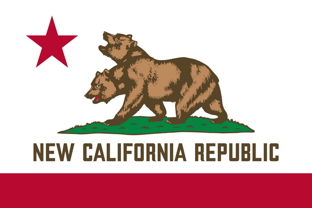 a flag for the New California Republic, with a red strip on the bottom. Above it over white is the words "NEW CALIFORNIA REPUBLIC," and a two-headed bear standing atop a grassy knoll. In the upper left corner is a single red star.